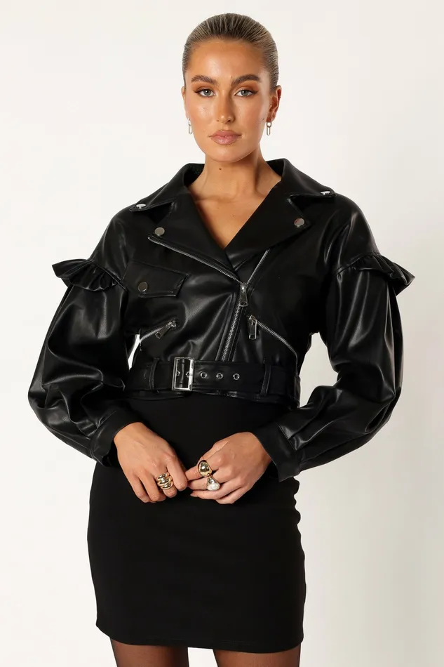 Petal and Pup Hanna Ruffle Sleeve Faux Leather Jacket Black Women Jackets and Coats
