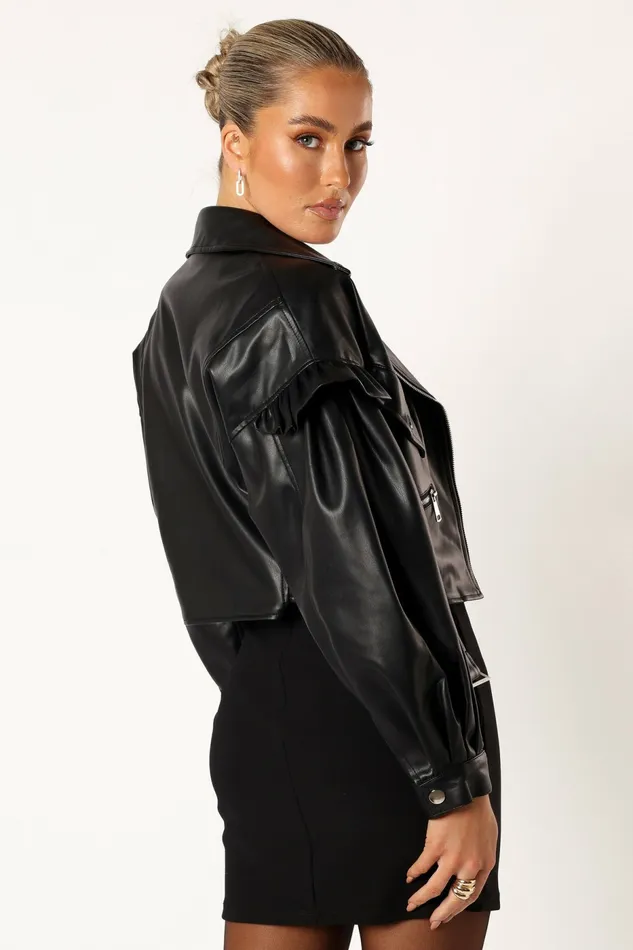 Petal and Pup Hanna Ruffle Sleeve Faux Leather Jacket Black Women Jackets and Coats