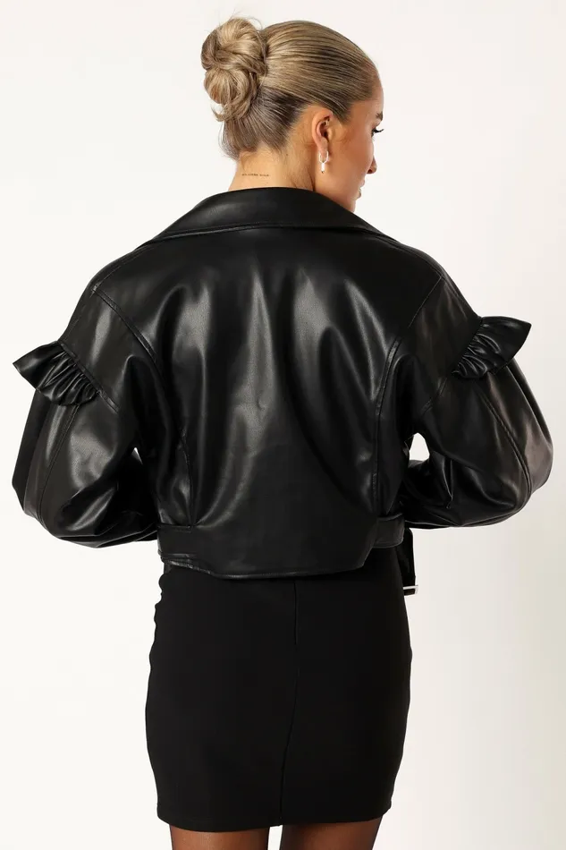 Petal and Pup Hanna Ruffle Sleeve Faux Leather Jacket Black Women Jackets and Coats