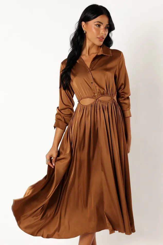 Petal and Pup Jett Long Sleeve Midi Dress Bronze Women Long Sleeve Dresses