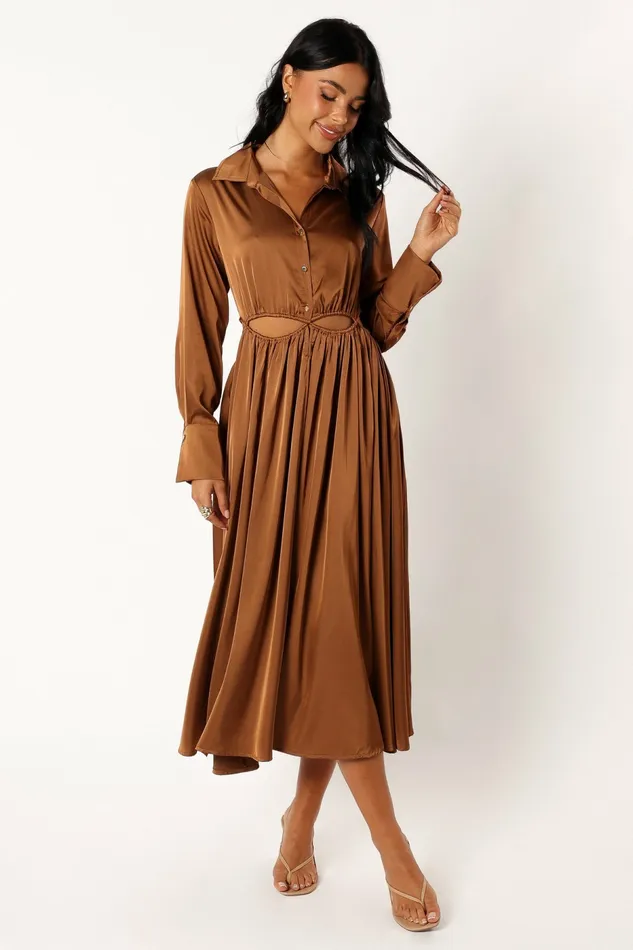 Petal and Pup Jett Long Sleeve Midi Dress Bronze Women Long Sleeve Dresses