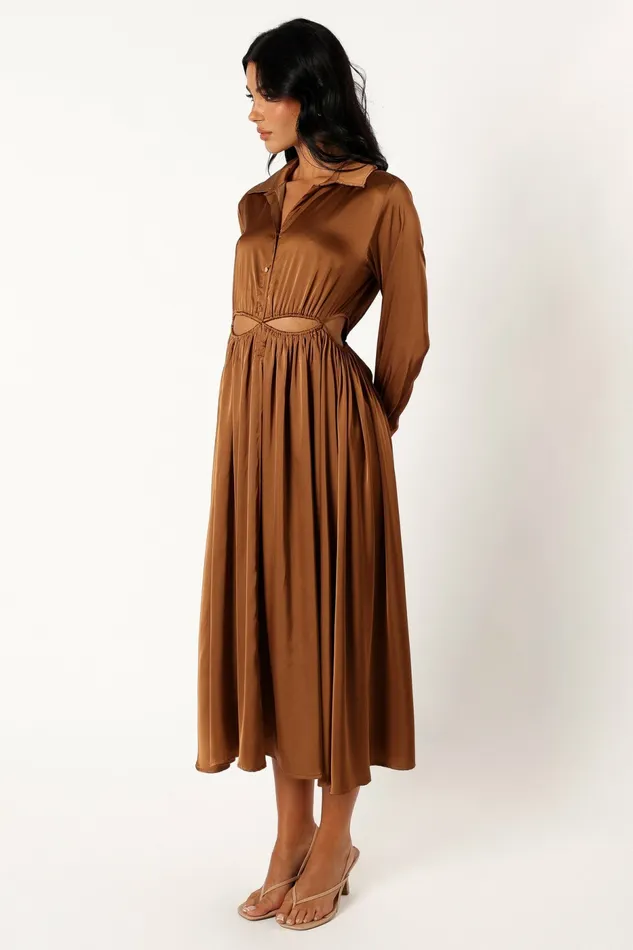 Petal and Pup Jett Long Sleeve Midi Dress Bronze Women Long Sleeve Dresses