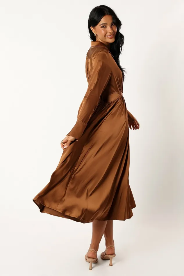 Petal and Pup Jett Long Sleeve Midi Dress Bronze Women Long Sleeve Dresses