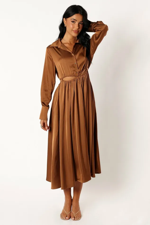 Petal and Pup Jett Long Sleeve Midi Dress Bronze Women Long Sleeve Dresses