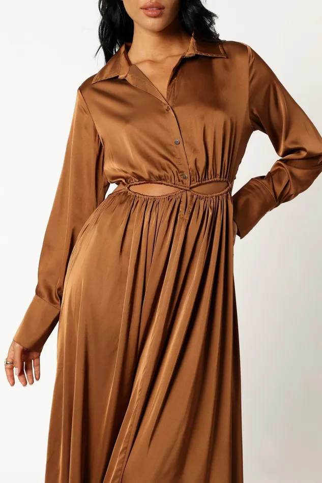 Petal and Pup Jett Long Sleeve Midi Dress Bronze Women Long Sleeve Dresses