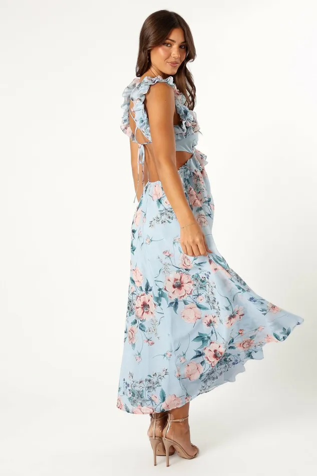 Petal and Pup Lucah Frill Shoulder Maxi Dress Blue Floral Women Event Dresses