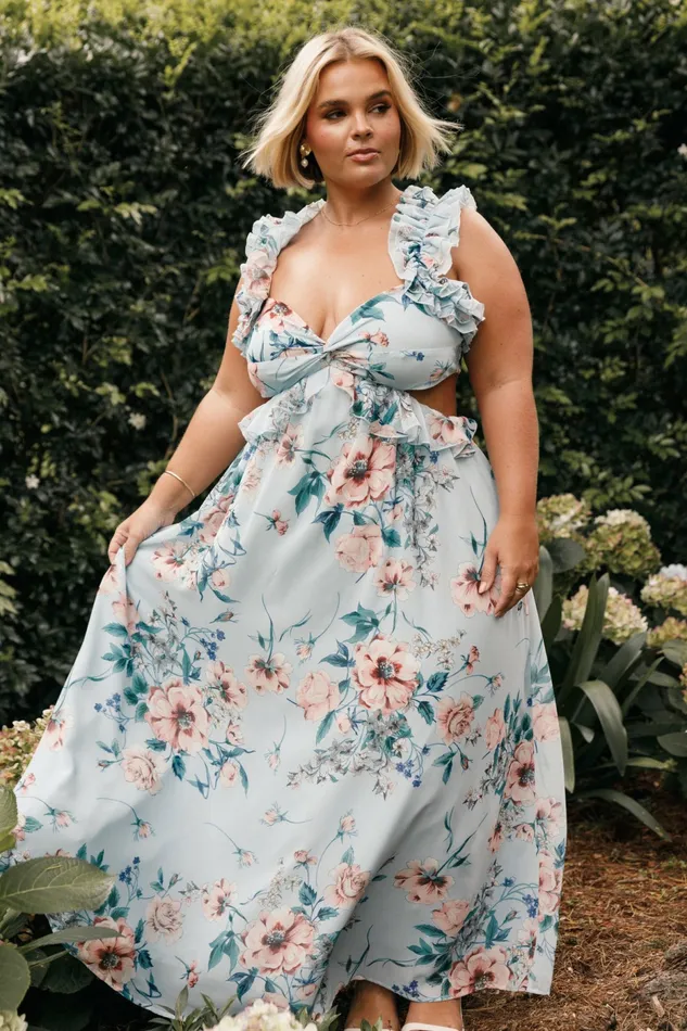 Petal and Pup Lucah Frill Shoulder Maxi Dress Blue Floral Women Event Dresses