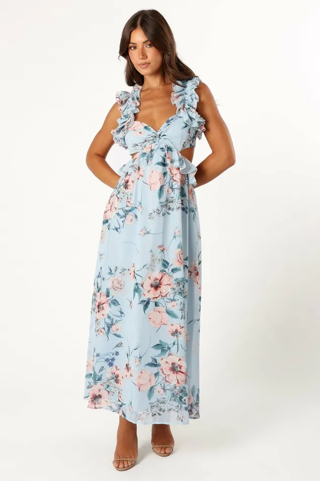 Petal and Pup Lucah Frill Shoulder Maxi Dress Blue Floral Women Event Dresses