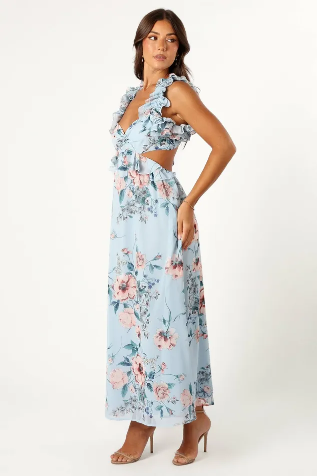 Petal and Pup Lucah Frill Shoulder Maxi Dress Blue Floral Women Event Dresses