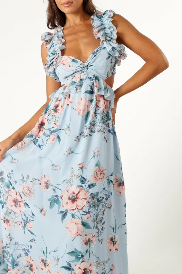 Petal and Pup Lucah Frill Shoulder Maxi Dress Blue Floral Women Event Dresses