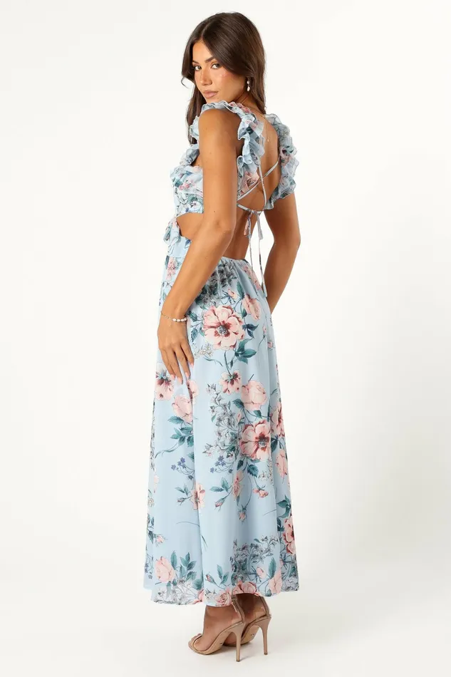 Petal and Pup Lucah Frill Shoulder Maxi Dress Blue Floral Women Event Dresses