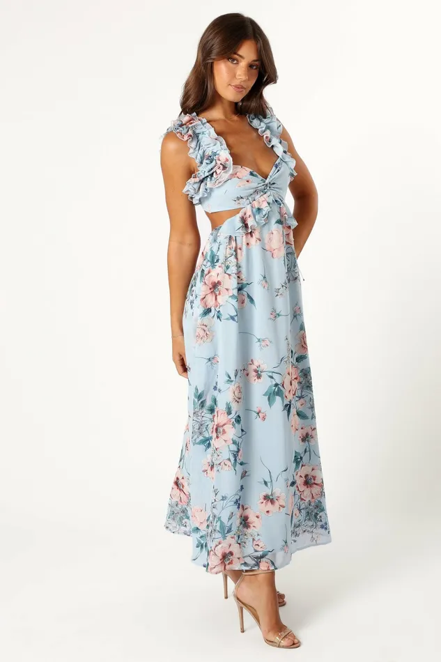 Petal and Pup Lucah Frill Shoulder Maxi Dress Blue Floral Women Event Dresses