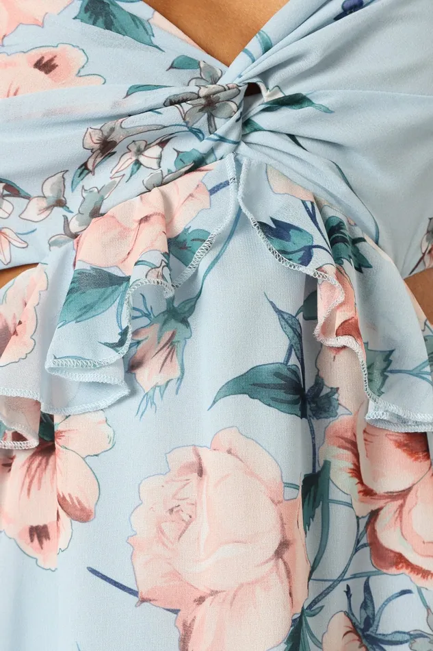 Petal and Pup Lucah Frill Shoulder Maxi Dress Blue Floral Women Event Dresses