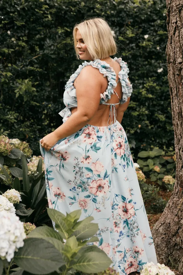 Petal and Pup Lucah Frill Shoulder Maxi Dress Blue Floral Women Event Dresses