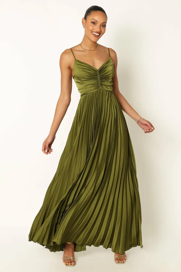 Petal and Pup Satin Dresses Women Naira Pleated Maxi Dress Palm Green