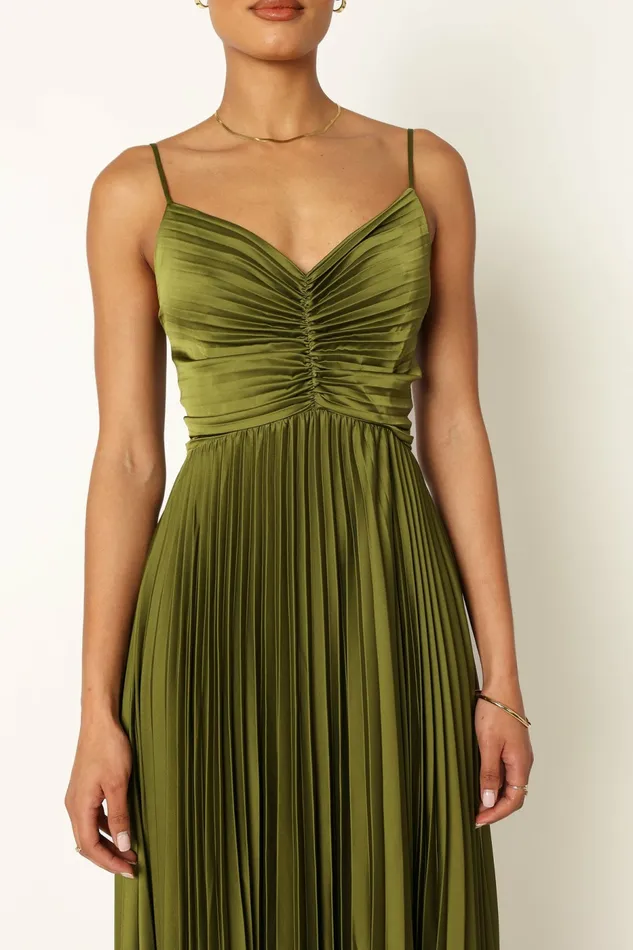 Petal and Pup Satin Dresses Women Naira Pleated Maxi Dress Palm Green