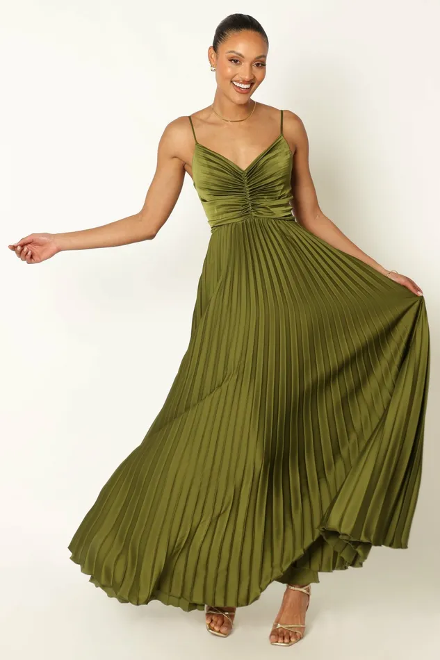 Petal and Pup Satin Dresses Women Naira Pleated Maxi Dress Palm Green