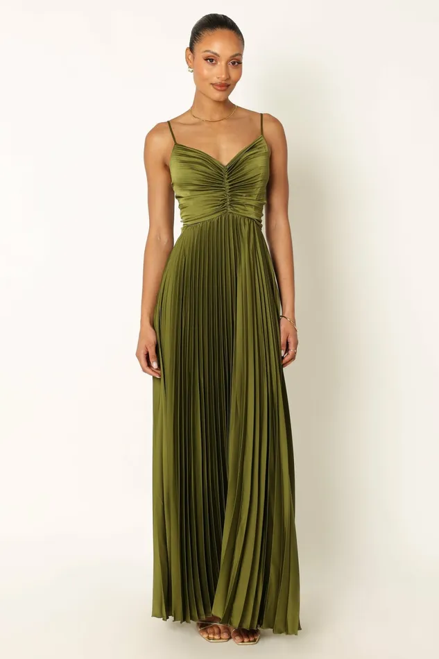 Petal and Pup Satin Dresses Women Naira Pleated Maxi Dress Palm Green