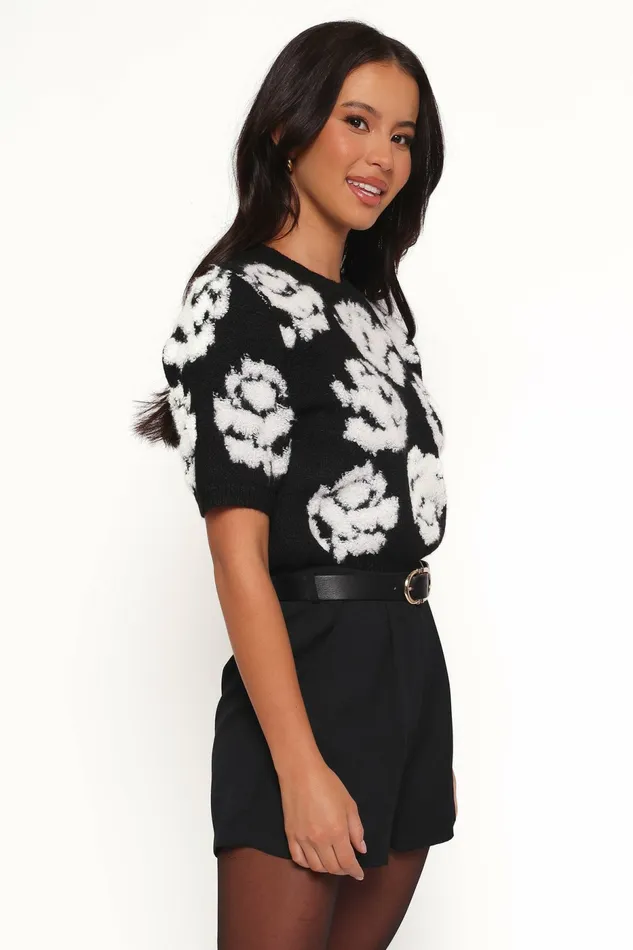 Petal and Pup Sweaters Women Lumara Texture Flower Short Sleeve Sweater Black