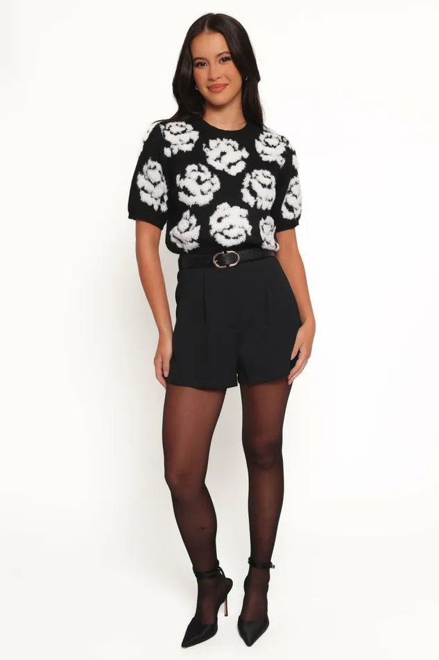 Petal and Pup Sweaters Women Lumara Texture Flower Short Sleeve Sweater Black