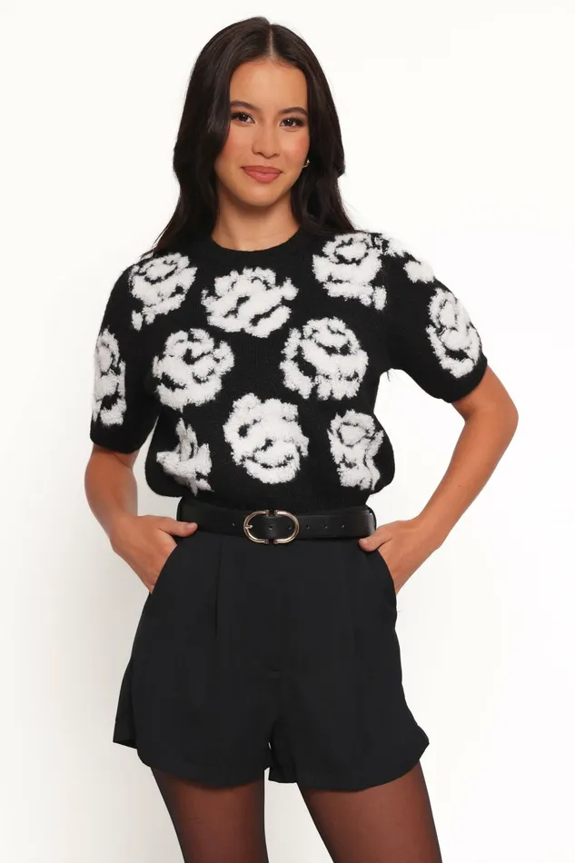 Petal and Pup Sweaters Women Lumara Texture Flower Short Sleeve Sweater Black