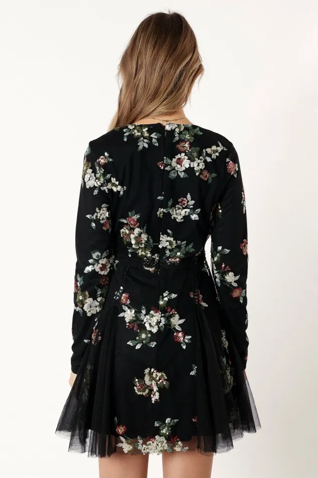 Petal and Pup Woodsen Long Sleeve Mini Dress Black Floral Women Floral Dresses