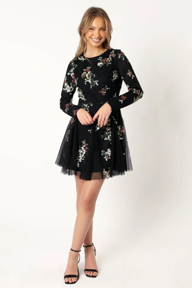 Petal and Pup Woodsen Long Sleeve Mini Dress Black Floral Women Floral Dresses