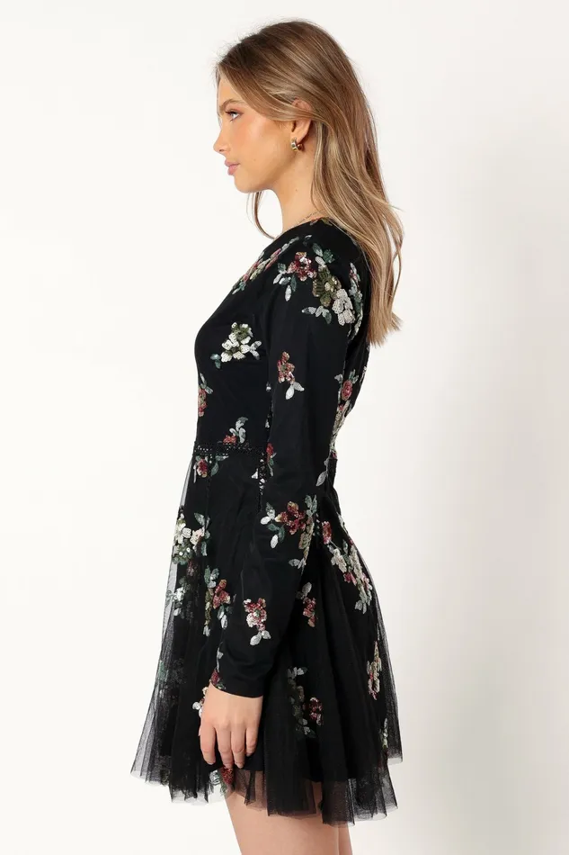Petal and Pup Woodsen Long Sleeve Mini Dress Black Floral Women Floral Dresses