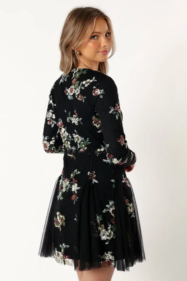 Petal and Pup Woodsen Long Sleeve Mini Dress Black Floral Women Floral Dresses