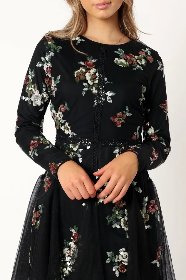 Petal and Pup Woodsen Long Sleeve Mini Dress Black Floral Women Floral Dresses
