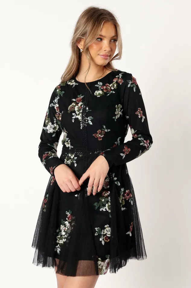 Petal and Pup Woodsen Long Sleeve Mini Dress Black Floral Women Floral Dresses