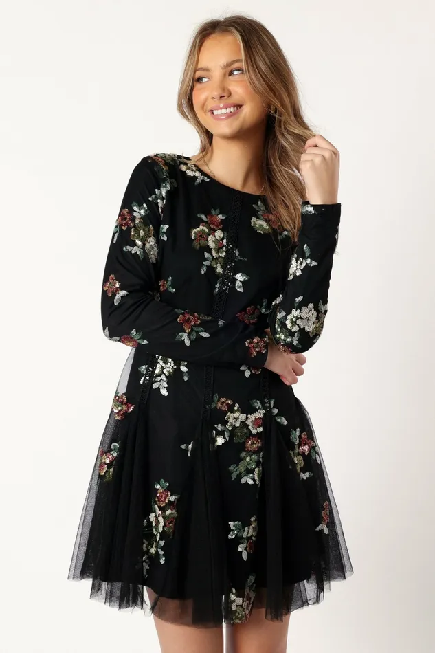 Petal and Pup Woodsen Long Sleeve Mini Dress Black Floral Women Floral Dresses