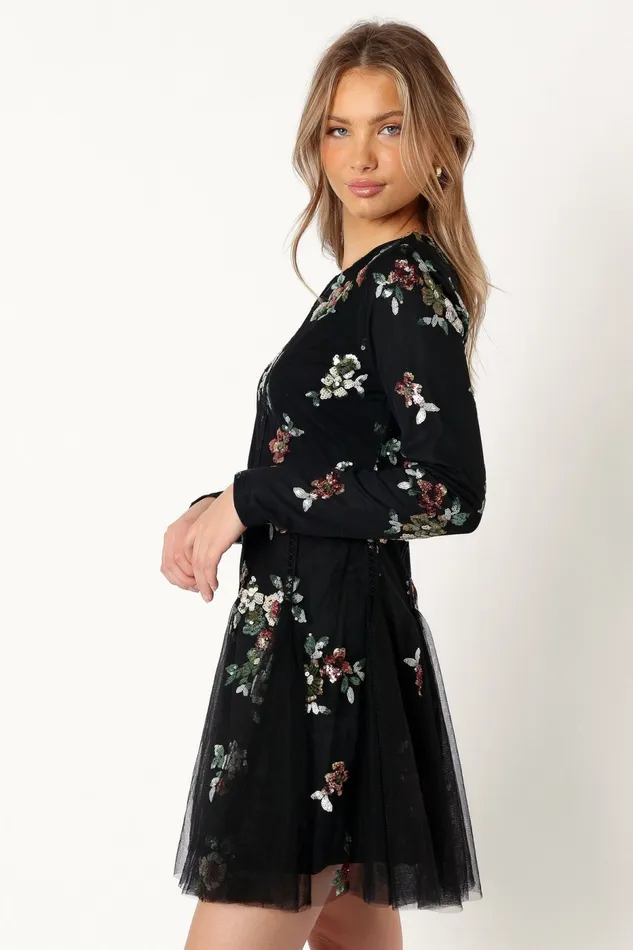 Petal and Pup Woodsen Long Sleeve Mini Dress Black Floral Women Floral Dresses