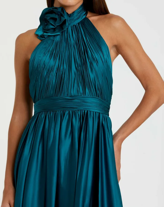Pleated Charmeuse High Neck Sleeveless Midi Dress Ocean Daytime Dresses Mac Duggal Women
