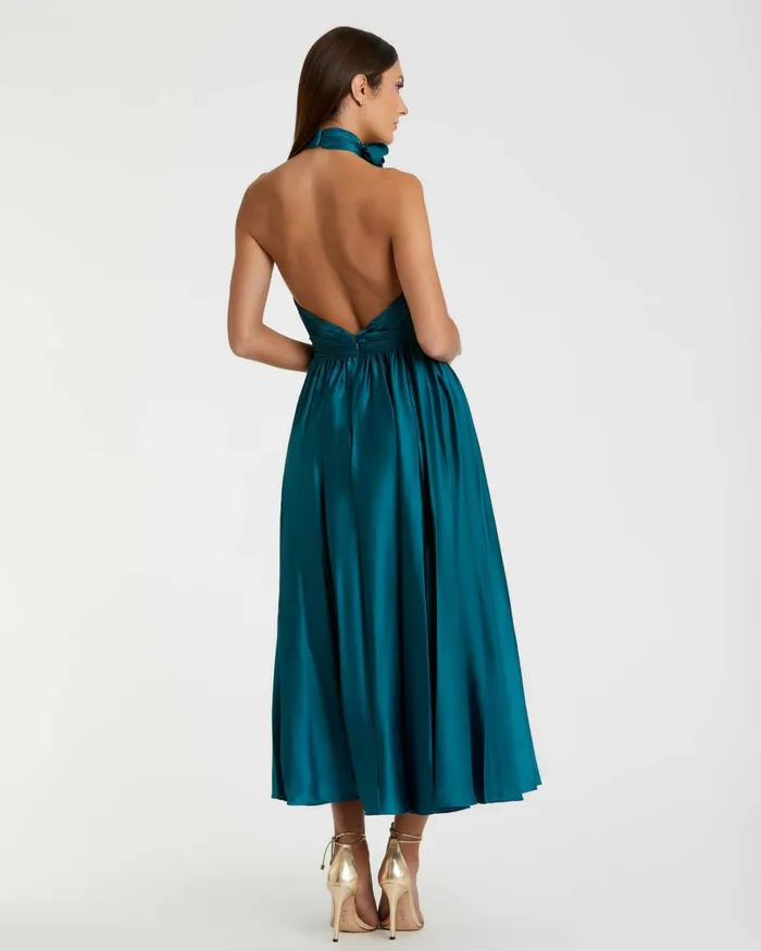 Pleated Charmeuse High Neck Sleeveless Midi Dress Ocean Daytime Dresses Mac Duggal Women