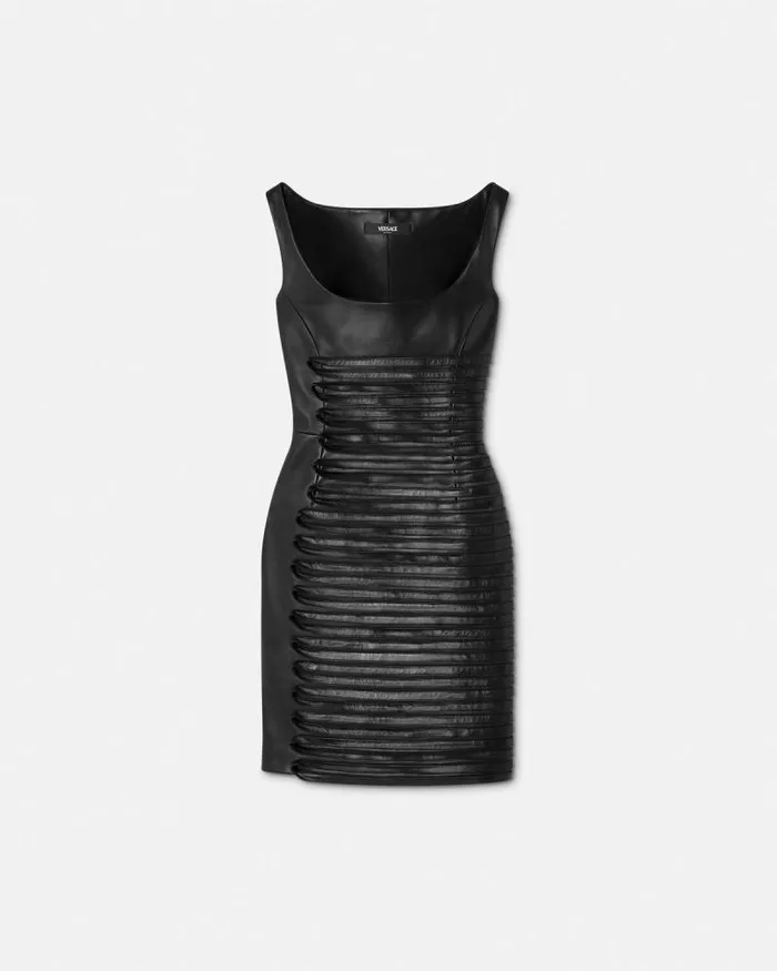 Plong Leather Scoop Fitted Mini Dress Black Women Versace Dresses