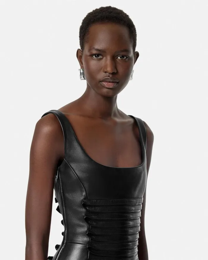 Plong Leather Scoop Fitted Mini Dress Black Women Versace Dresses
