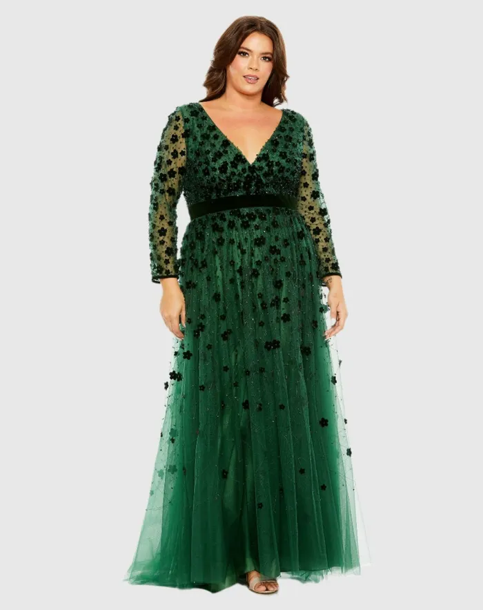Plus Size Dresses Mac Duggal Women Floral Applique Long Sleeve A Line Dress Emerald Plus Size Dresses Mac Duggal Women Floral Applique Long Sleeve A Line Dress Emerald