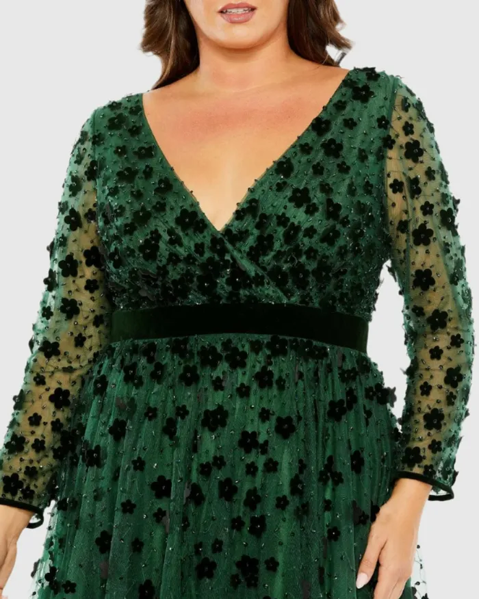 Plus Size Dresses Mac Duggal Women Floral Applique Long Sleeve A Line Dress Emerald