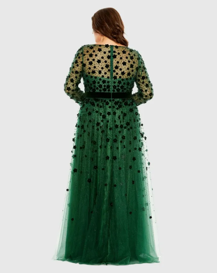 Plus Size Dresses Mac Duggal Women Floral Applique Long Sleeve A Line Dress Emerald