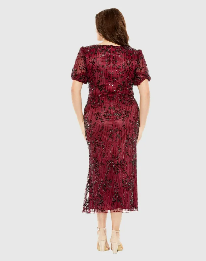 Plus Size Dresses Mac Duggal Women Red High Neck Puff Sleeve Embellished Dress Burgundy