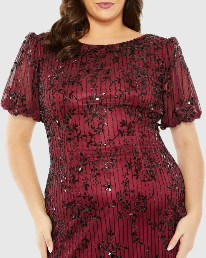 Plus Size Dresses Mac Duggal Women Red High Neck Puff Sleeve Embellished Dress Burgundy