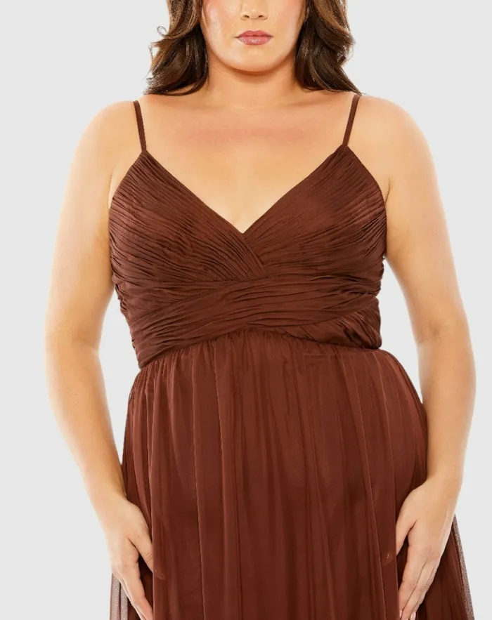 Plus Size Dresses Mac Duggal Women Tiered VNeckline Ruched Gown Chocolate Plus Size Dresses Mac Duggal Women Tiered VNeckline Ruched Gown Chocolate