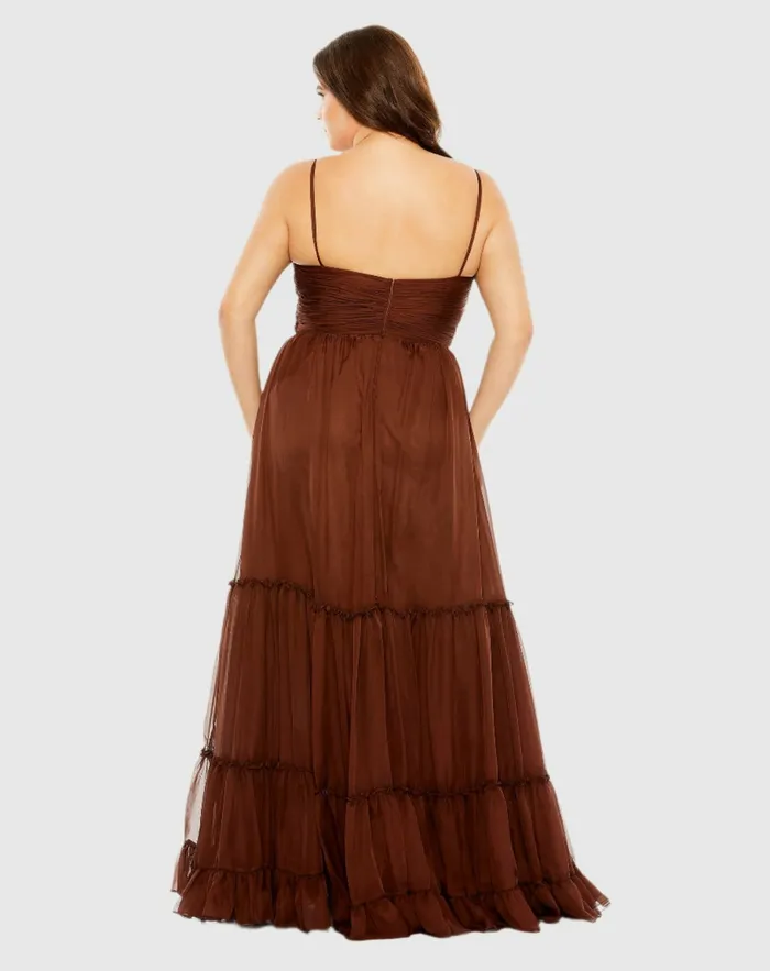 Plus Size Dresses Mac Duggal Women Tiered VNeckline Ruched Gown Chocolate Plus Size Dresses Mac Duggal Women Tiered VNeckline Ruched Gown Chocolate