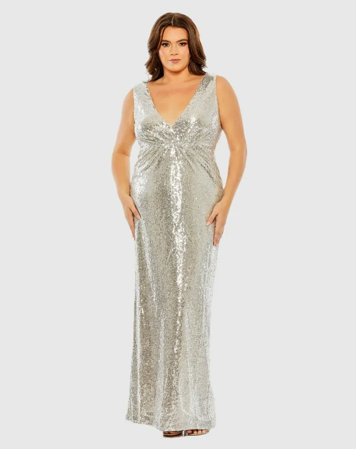 Plus Size Dresses Sequin Vneck Back Cutout Gown Nude Silver 8211 Mac Duggal Women Plus Size Dresses Sequin Vneck Back Cutout Gown Nude Silver 8211 Mac Duggal Women