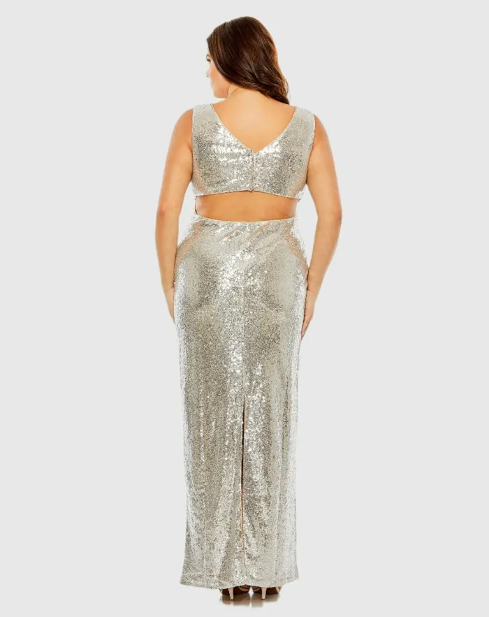 Plus Size Dresses Sequin Vneck Back Cutout Gown Nude Silver 8211 Mac Duggal Women Plus Size Dresses Sequin Vneck Back Cutout Gown Nude Silver 8211 Mac Duggal Women