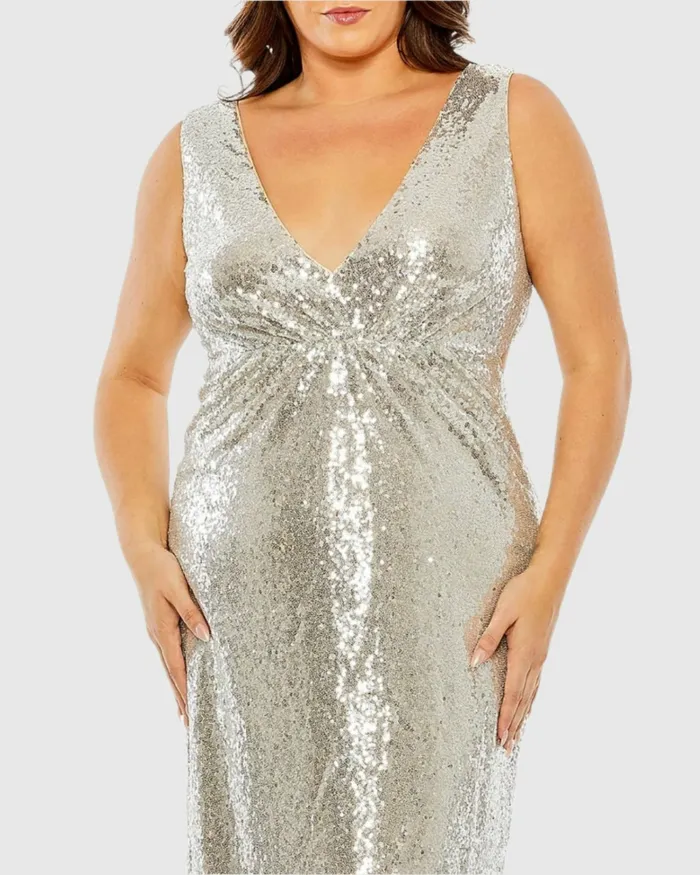 Plus Size Dresses Sequin Vneck Back Cutout Gown Nude Silver 8211 Mac Duggal Women Plus Size Dresses Sequin Vneck Back Cutout Gown Nude Silver 8211 Mac Duggal Women