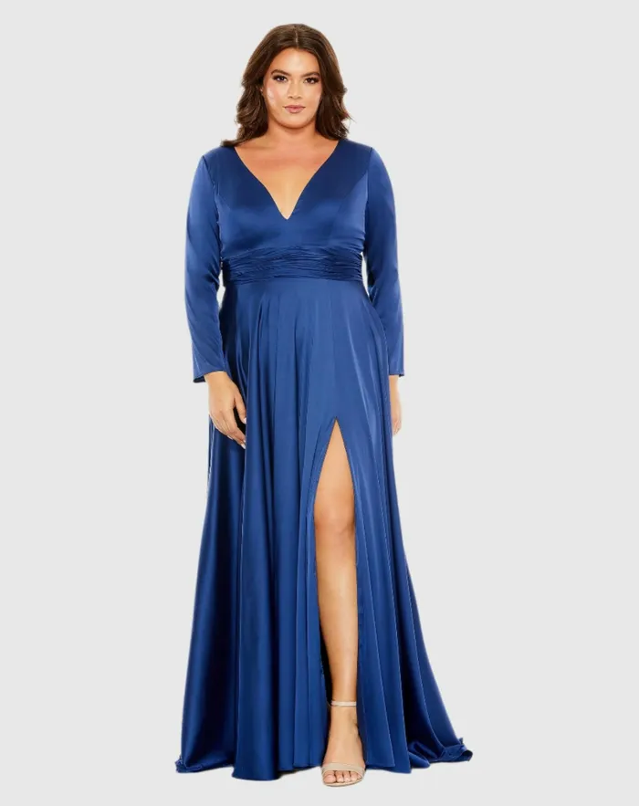 Quarter Sleeve V Neck A Line Gown Emerald Women Plus Size Dresses Mac Duggal