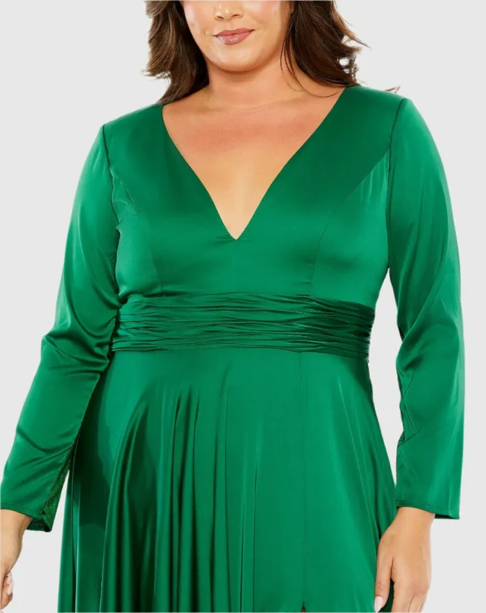 Quarter Sleeve V Neck A Line Gown Emerald Women Plus Size Dresses Mac Duggal Quarter Sleeve V Neck A Line Gown Emerald Women Plus Size Dresses Mac Duggal