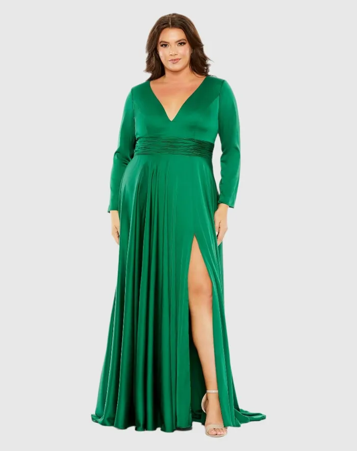 Quarter Sleeve V Neck A Line Gown Emerald Women Plus Size Dresses Mac Duggal Quarter Sleeve V Neck A Line Gown Emerald Women Plus Size Dresses Mac Duggal